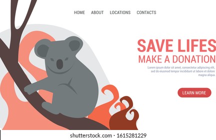 Donation for saving koala population in Australian fire. Template for charity campaign website. Vector illustration.