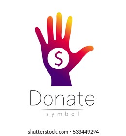 Donation sign logo icon. Donate money hand. Charity or endowment symbol. Human helping. Icon on white background. Vector.Violet color. Concept. Illustration of giving to charity. Logotype