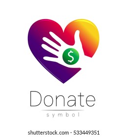 Donation sign logo icon. Donate money hand and heart. Charity or endowment symbol. Human helping. Icon on white background. Vector.Violet color. Concept.  Illustration of giving to charity. Logotype
