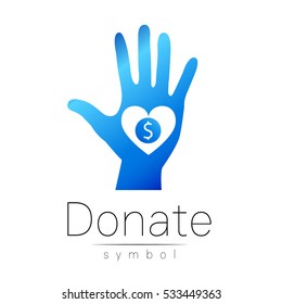 Donation sign logo  icon. Donate money hand and heart. Charity or endowment symbol. Human helping. Icon on white background. Vector.Blue color. Concept.  Illustration of giving to charity. Logotype