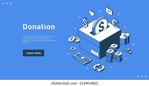 Donation, Sponsorship And Charity Service Landing Page Isometric Vector Illustration. Money Box With Coins And Banknote Cash Currency For Financial Help, Assistance, Social Support. Aid Public Funds