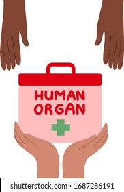 Donation Symbol With Hands Of Donor-recipient And Human Organ Cooler Box. Vector Illustration In Flat Cartoon Style.