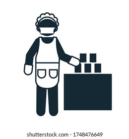 donation table and pictogram maid wearing mouth mask over white background, silhouette style, vector illustration