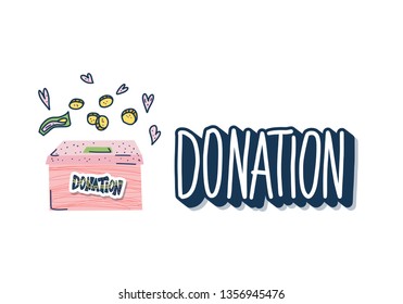 Donation text with box isolated on white background. Donate lettering with coin and other decoration. Vector color illustration.