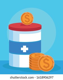 donation tin with money coins over blue background, colorful design, vector illustration