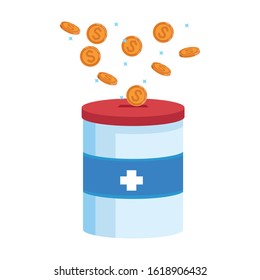 donation tin with money coins over white background, vector illustration