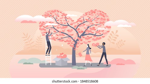 Donation tree as volunteer support or giving care, love and solidarity tiny person concept. Branches with hearts as campaign money gathering and growth vector illustration. Symbolic charity work scene