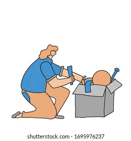 Donación. Desempaquetar la escena. La persona se mete en las cosas. Voluntario con caja de donaciones. Ilustración vectorial.