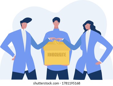 Concepto de vector de donación de negocios: retrato de un grupo de negocios lanzando monedas a la caja de cartón de Donate