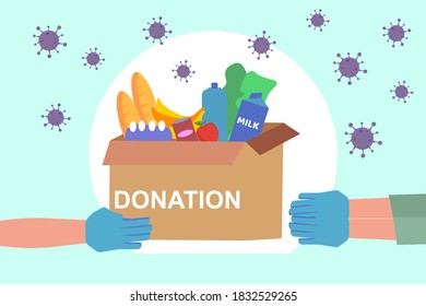 Donation vector concept: Hands wearing gloves and giving groceries in a donation box with coronavirus background