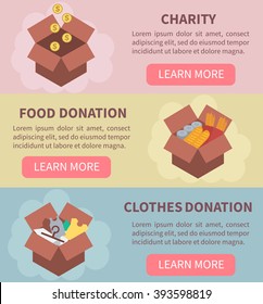 Donation vector concept illustrations. Charity, food donation, clothes donation. Donation boxes. Concept for web banners, websites, infographics.