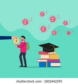 Donation vector concept: Male student wearing face mask and receiving money donation for education with stack of books background and coronavirus