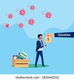 Donation vector concept: Unemployment man receiving donation as stimulus from government with coronavirus background