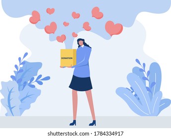 Donation vector concept: Woman  carrying Donation box surrounded by  heart icons