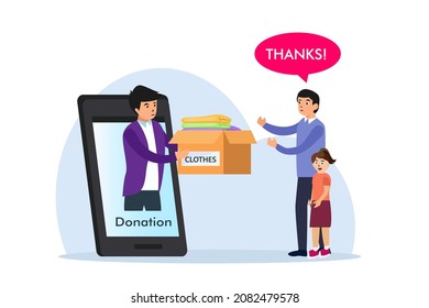 Concepto de vector de donación: Hombre joven que da ropa a padre y niña mientras usa un teléfono inteligente 