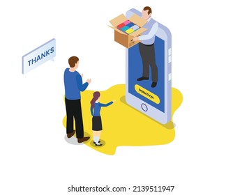 Donation vector concept. Young man giving clothes to father and little girl while using smart phone