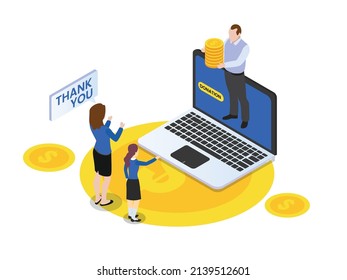 Donation vector concept. Young man giving money to young mother and little girl through a laptop
