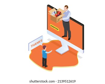 Concepto de vector de donación. Joven donando a un niño pequeño mientras sostiene juguetes en la pantalla del ordenador