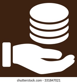 Donation vector icon. Style is flat white symbol, rounded angles, brown background.