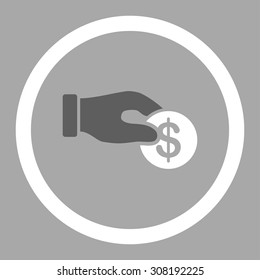 Donation vector icon. This flat rounded symbol uses dark gray and white colors and isolated on a silver background.