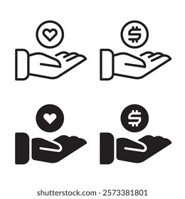 Donation vector icons set. Abstract hand holding heart and coin on a white background. Two different styles. Vector Illustration