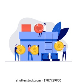 Donation vector illustration concept with volunteers character give money and coins in donations box. Modern flat style for landing page, mobile app, poster, web banner, infographics, hero images.