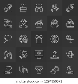 Donation and volunteer vector icons collection in thin line style on dark background