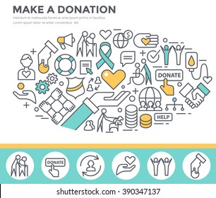 Donation And Volunteer Work Concept Illustration, Thin Line Flat Design