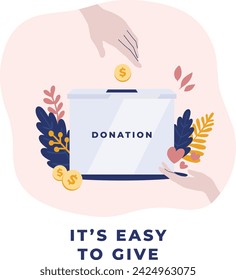 Ilustración mínima del concepto de donación y trabajo voluntario en pastel. Entrega de dinero en caja de donaciones con flores. Para banner, redes sociales, aplicación móvil, web, página de destino, póster, campaña