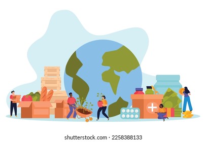 Donation and volunteer work flat background box of groceries, tree planting first aid medicine and other attributes to help vector illustration