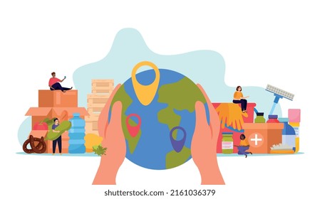 Donación y voluntariado trabajan concepto de color plano en el mundo en manos del hombre en primer plano y ayudando a las personas necesitadas en ilustración vectorial de fondo