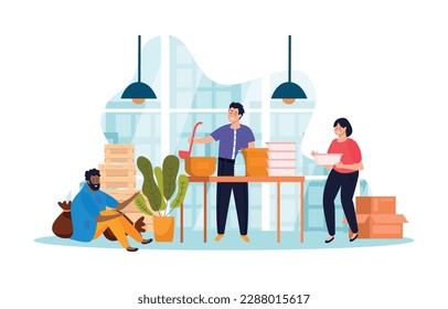 Donation and volunteer work flat colored composition volunteers help provide food to people in need vector illustration