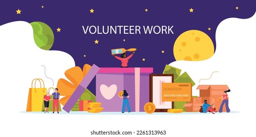 Donation and volunteer work flat composition with big headline and different attributes vector illustration