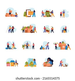 Donation and volunteer work flat icon set with distribution of food and things for those in need sorting and cleaning up trash vector illustration