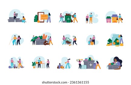 Donation and volunteer work flat recolor icon set volunteers help the disabled and needy and clean up trash vector illustration