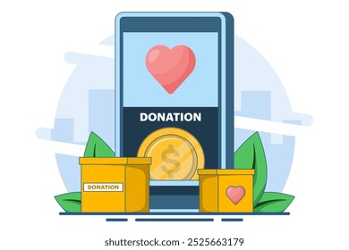 Donation and volunteering concept. charity, love. Screen template for smartphone, landing page, template, ui, web, mobile app, poster, banner, flyer. Modern flat cartoon style. Vector illustration.