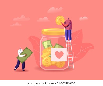 Donation, Volunteers Charity Concept. Tiny Male Characters Stand on Ladder Throw Coins and Bills into Huge Glass Jar with Heart Sticker for Donate. People Giving Money. Cartoon Vector Illustration