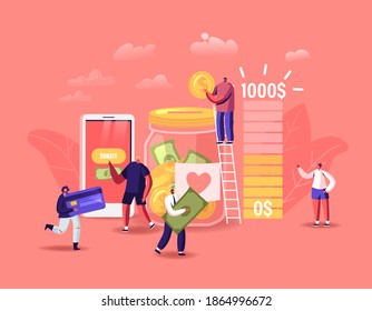 Donation, Volunteers Charity Concept. Tiny Male or Female Characters Throw Coins and Bills into Huge Glass Jar for Donate. People Give Money Using Smartphone Application. Cartoon Vector Illustration