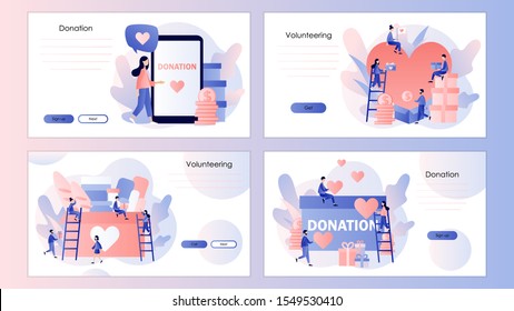 Donation and volunteers work concept. Screen template for mobile smart phone, landing page, template, ui, web, mobile app, poster, banner, flyer. Modern flat cartoon style. Vector illustration