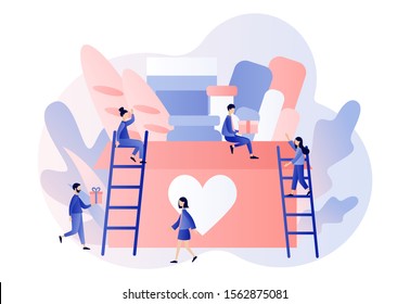 Donation and volunteers work concept. Tiny people collecting goods for charity into huge donation box. Modern flat cartoon style. Vector illustration