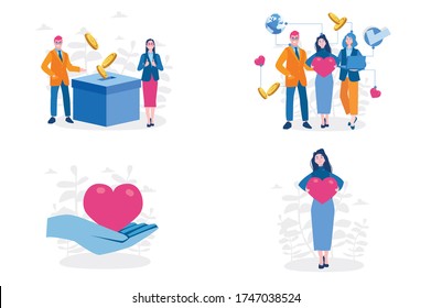Concepto de donaciones y voluntarios. Conjunto de ilustraciones vectoriales, para banner web, infografías, móviles. 