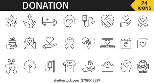 Icono de Web de donación en estilo de línea que contiene el símbolo de ayuda, voluntario, caridad, ambulancia, voluntariado, compasión, cuidado, solidaridad, limosna, financiación y más colección de Vector simbólico.