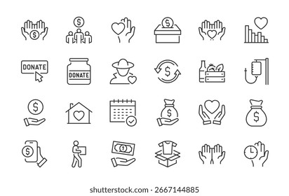Iconos web de donación en estilo de línea. Caridad, ahora, dinero, sin fines de lucro, donante, voluntario, comunidad, colección. Ilustración vectorial.