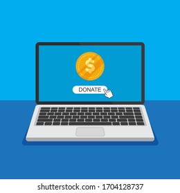 Donation web page on a laptop display. Donate concept, giving money online. Computer with gold coin and button on screen. Vector illustration.