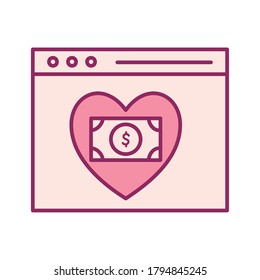 sitio web de donación con la cuenta dentro de la línea de corazón y el diseño de iconos de estilo relleno del tema de la caridad Ilustración vectorial