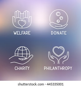 Donation / Welfare / Philanthropy Icon Set On Blurred Background. Simple Thin Line Charity Signs. Logo For Blood / Money Giving. Idea Concept Sign. Vector Illustration. 