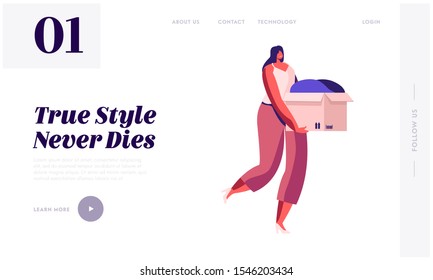 Donation Welfare Website Landing Page. Young Woman Caring Altruistic Volunteer Collecting Clothes to Cardboard Box for Donation to Poor Homeless People Web Page Banner Cartoon Flat Vector Illustration
