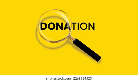 Donation word with magnifying glass poster concept design, isolated on yellow background.