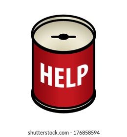 Donation/charity tin with a slot for coins and a hole for notes. Text says Help.