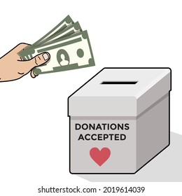 donations accepted, money contribution, hand holding money, vector illustration